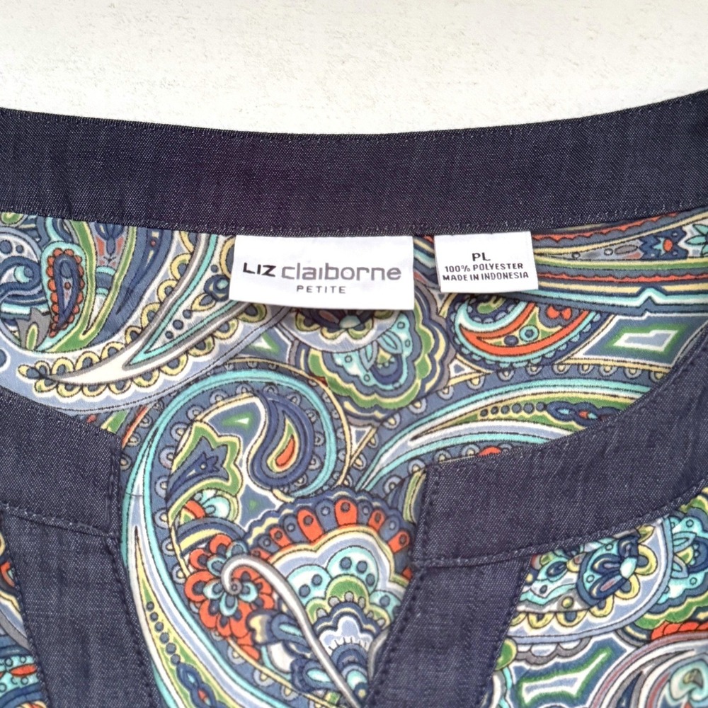 Liz Claiborne Petite‎ Paisley Split Neck Blouse Blue Orange Green PL Long Sleeve - Picture 7 of 11